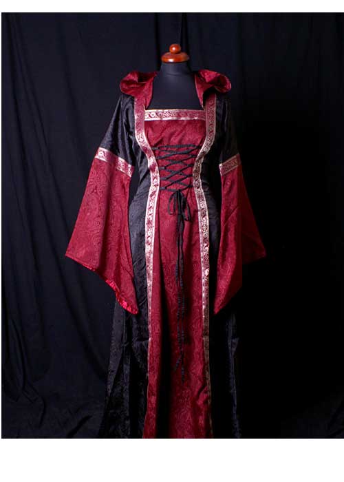 Mittelalterkleid Cecilia mit Kapuze, rot/schwarz