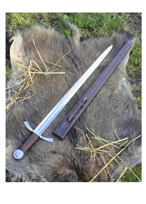 Kreuzritter Scheibenknauf-Schwert mit Lederscheide