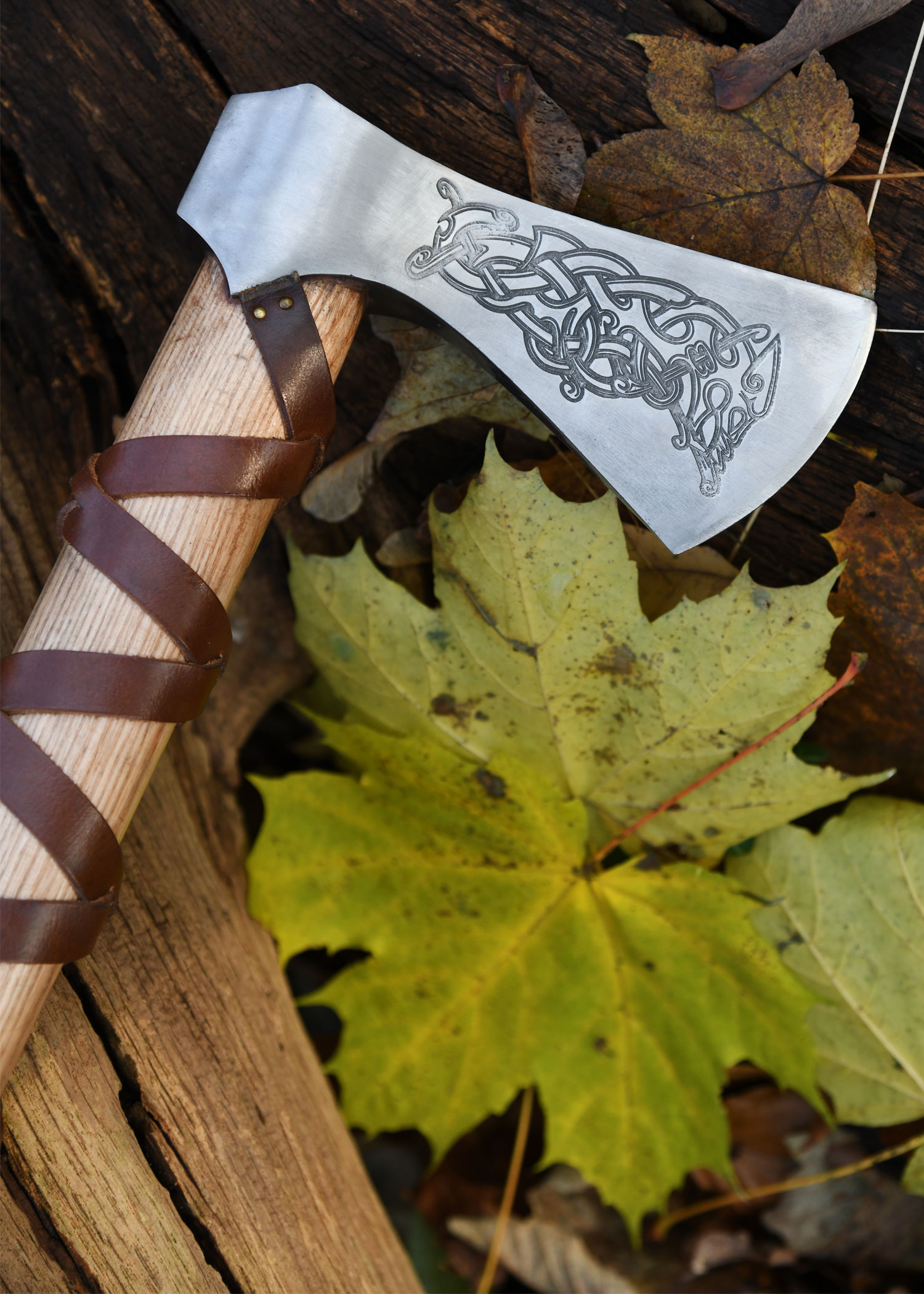 Viking Axe, Cast Steel, Type L, with Engraving and Leather Wrap